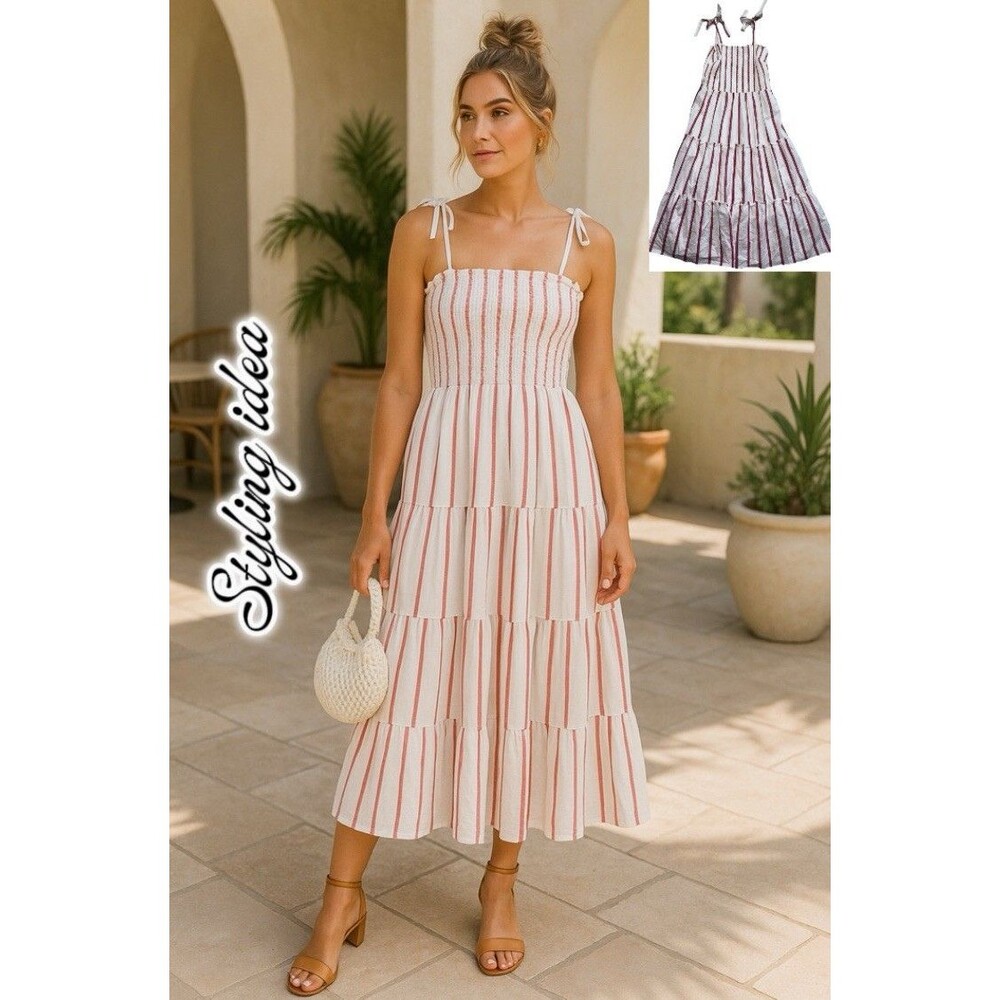 Draper James Tiered Midi Dress M Smocked Bodice Tie Straps Cottagecore Boho
